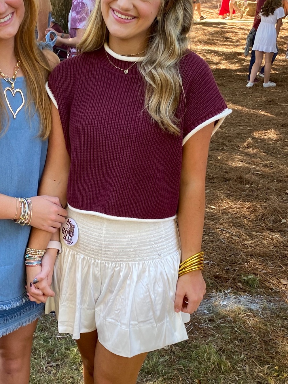 Women's Burgundy Knit Crop Top with Contrast Trim